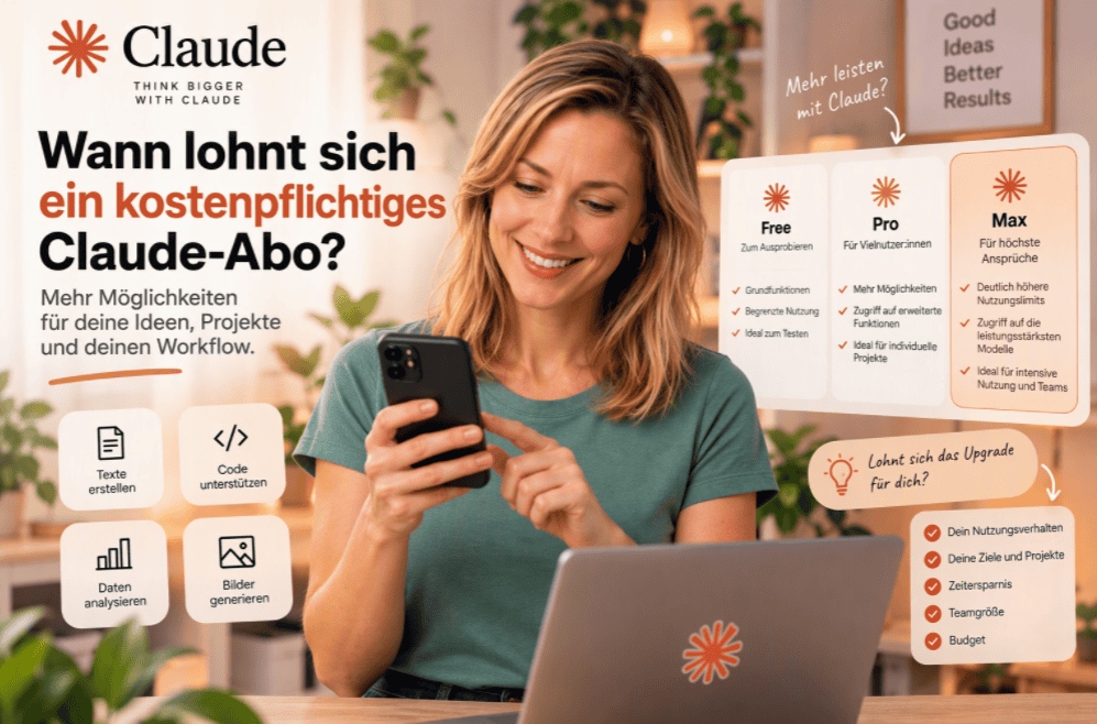 Kostenpflichtiges Claude-Abo mit Vergleich von Free, Pro und Max