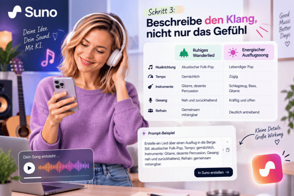 Suno Klang beschreiben: Musikrichtung, Tempo, Instrumente und Gesang